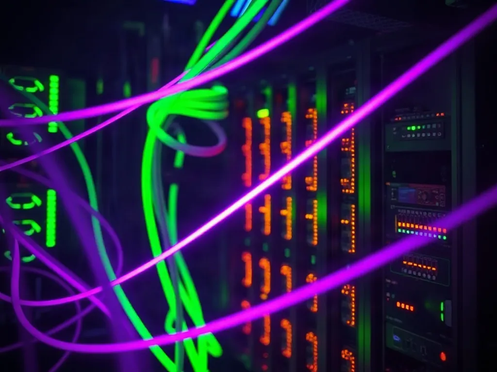 Equipos de cómputo con iluminación violeta y verde que representan el acceso a la inteligencia artificial