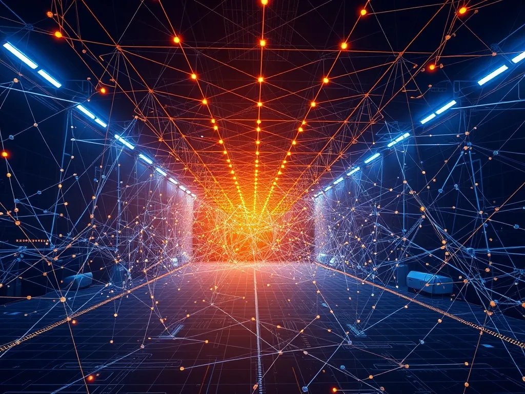 High-tech digital architectural blueprint of neural network
