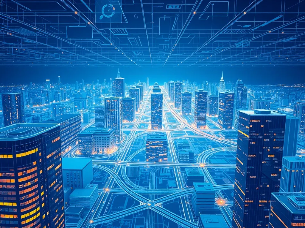 A high-tech digital network visualization over a clean archi